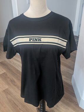 Victoria's Secret PINK Black Tee with Cream Stripe